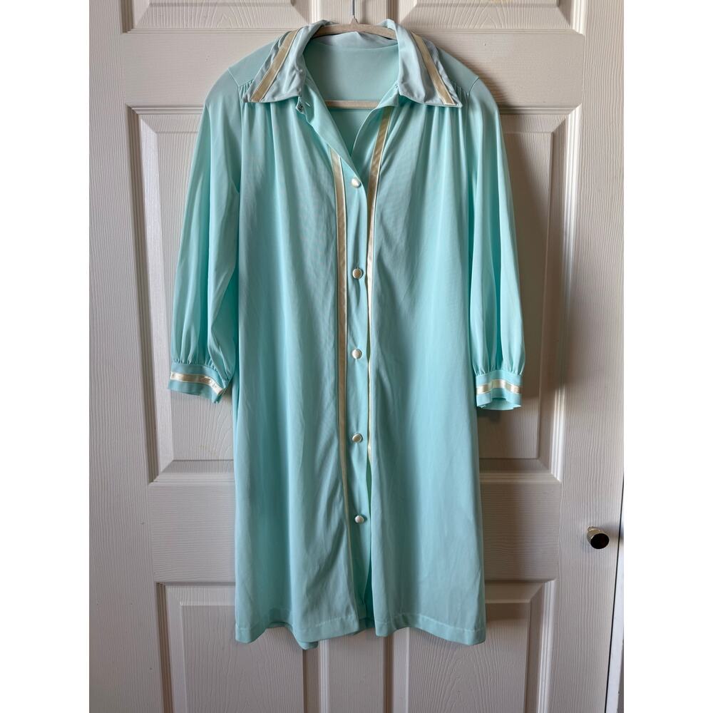 Vintage 60s Seafoam Button Up Satin Trim Lounge Duster Bed‎ Jacket Est Sz Small